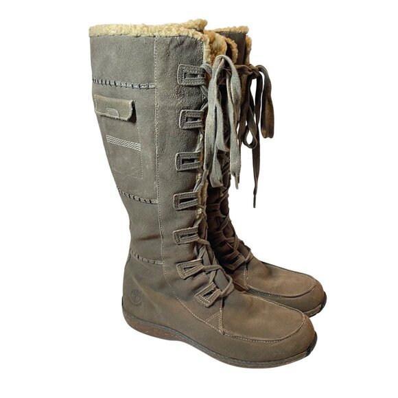 Timberland Womens Waterproof Tan Suede Tall Lace-Up Boots W/ Faux Shearling Lini - Picture 1 of 16